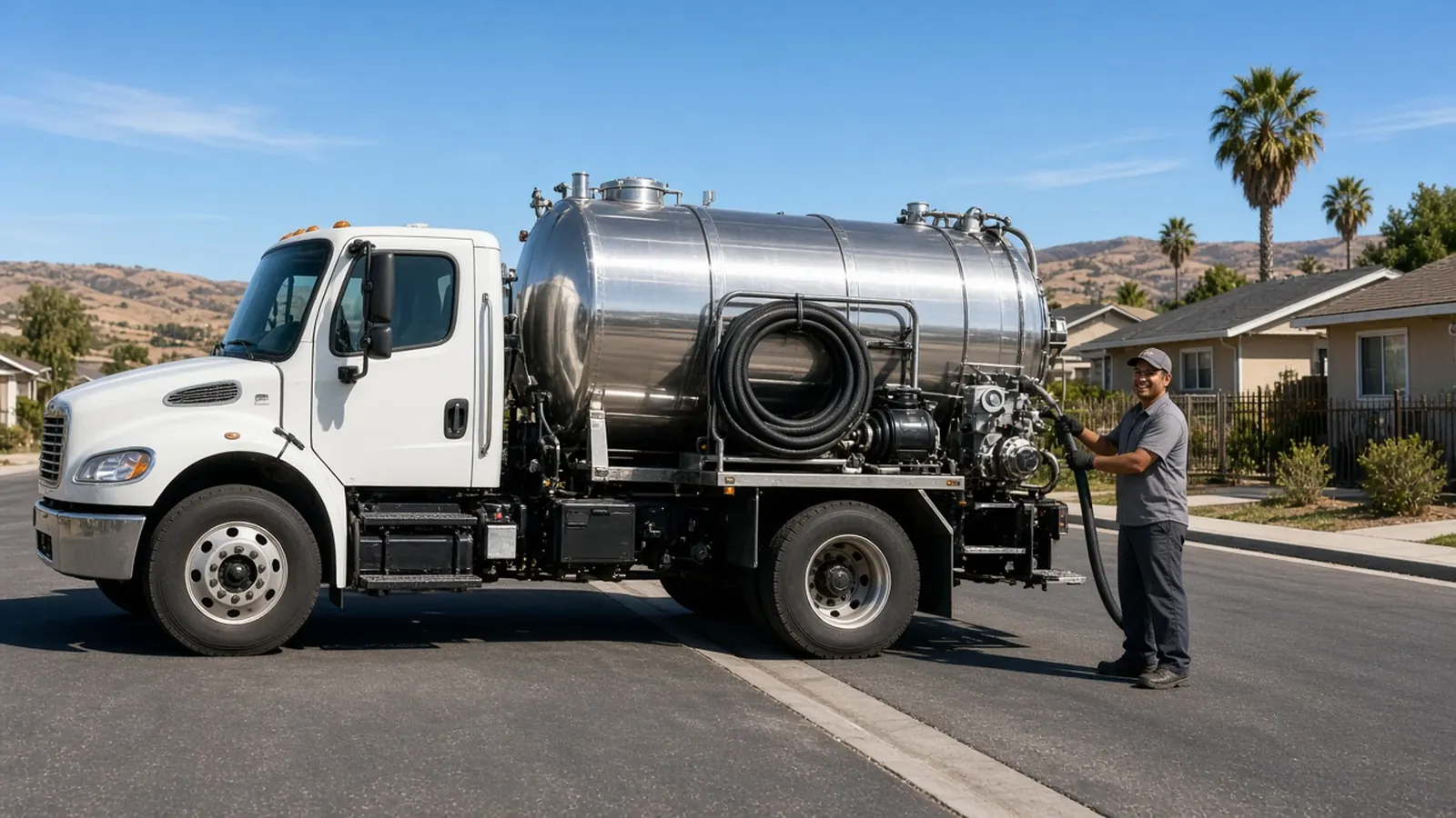 Smiling technician holding the suction hose at the rear of a stainless steel septic pumper truck on a sunny Bakersfield street